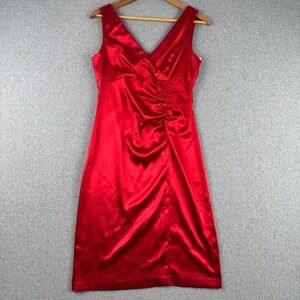 Vintage 90s Blondie Nites Dress Womens 8 Red Satin Ruched V-Neck Sheath Cocktail
